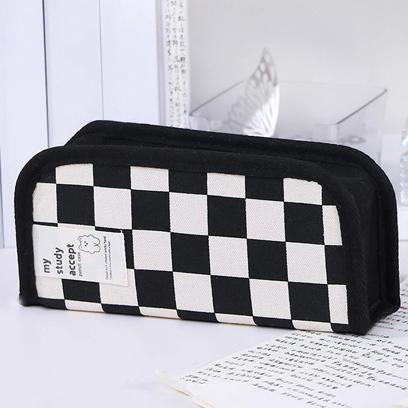 1Pc Large Capacity Pencil Case Black and White Checkerboard Grid Large Storage Pencil Bag Student Canvas Stationery Box