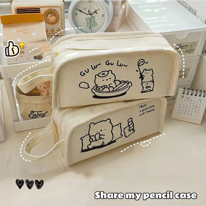1pc Multi-layer pencil case with large capacity, multi-purpose student pencil case and makeup storage bag - cute reading bear