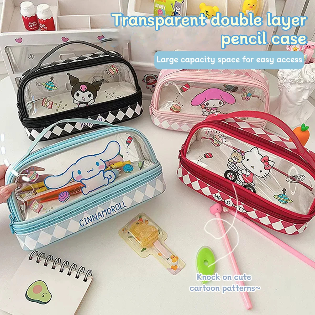 Cartoon Kawaii Large-capacity Pencil Case Student Portable Transparent Double-layer Storage Bag Cute Cosmetic Bag Stationery Box