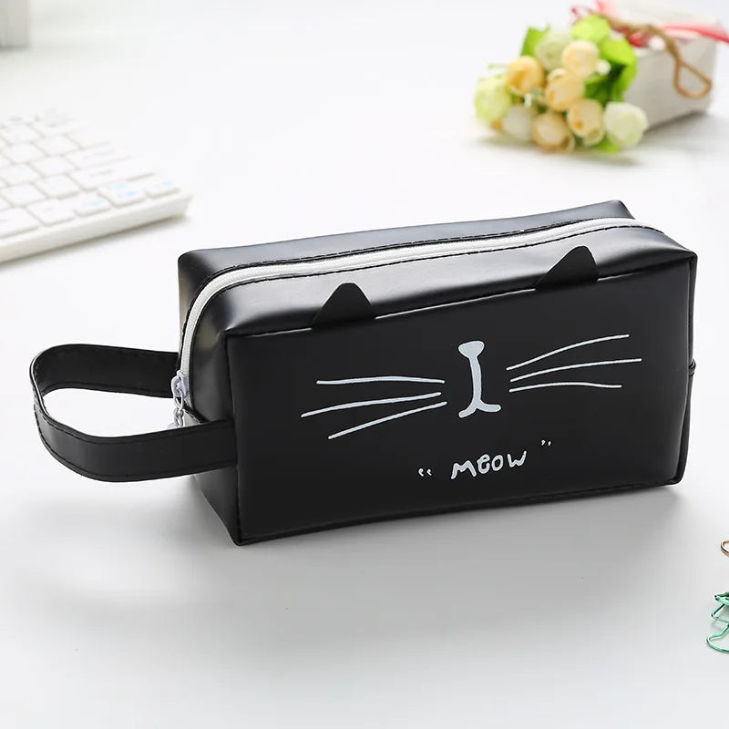 Kawaii Cat Pencil Case Large Capacity Cute Potable Storage Bag PU Leather School Stationery Supplies