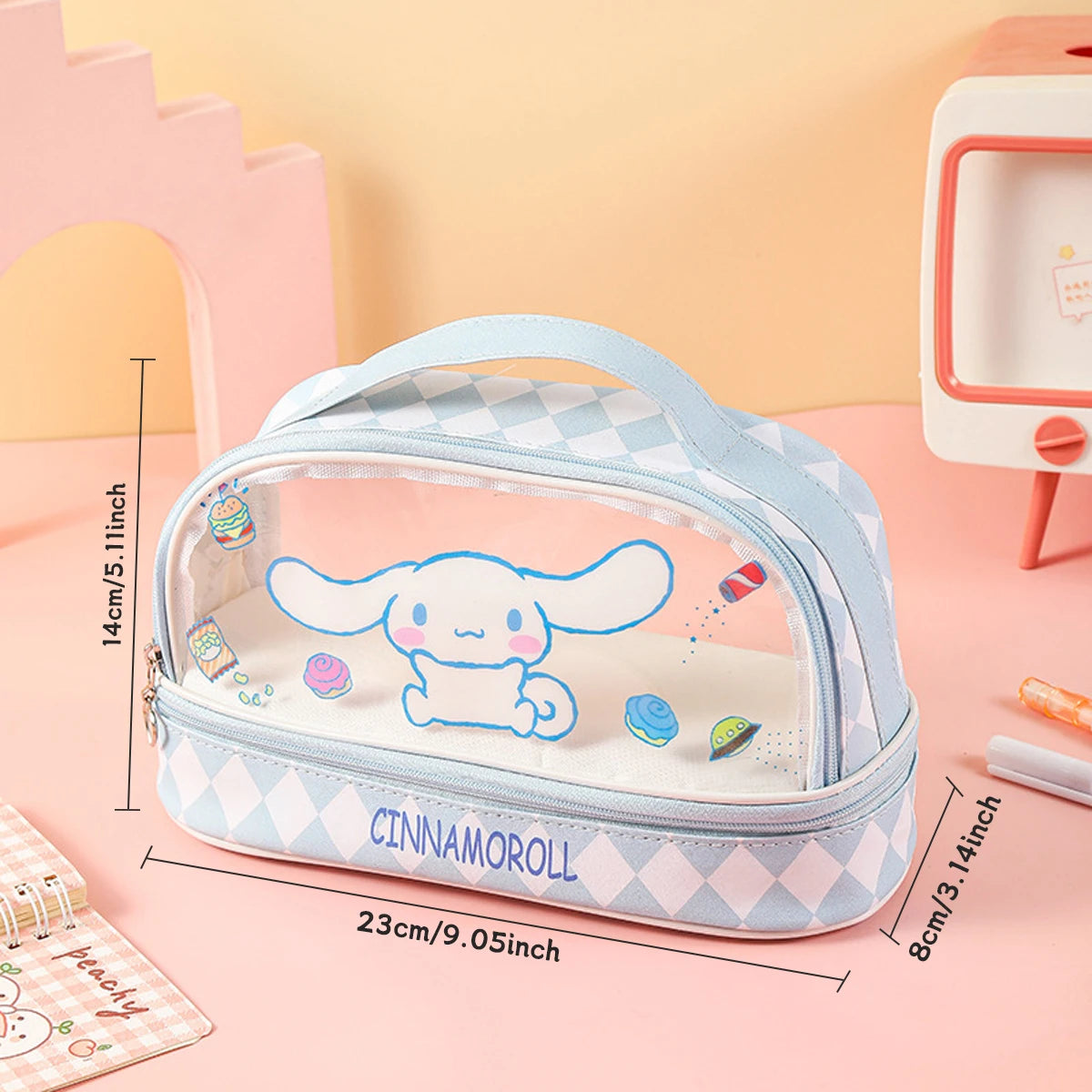 Cartoon Kawaii Large-capacity Pencil Case Student Portable Transparent Double-layer Storage Bag Cute Cosmetic Bag Stationery Box